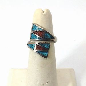 Sterling Silver Crushed Turquoise and Coral Inlay Split Shank Wrap Ring Sz 7